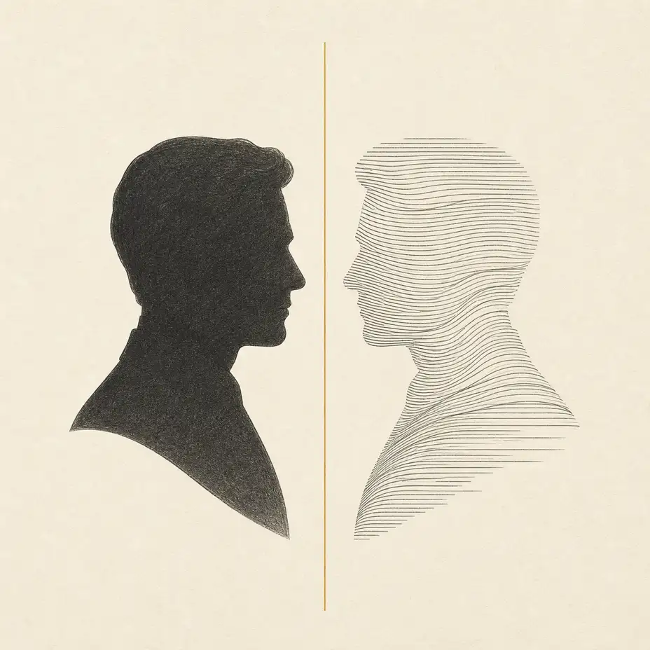 변호사와 그의 디지털 트윈이 마주 본 모습 — 한쪽은 실루엣, 다른 한쪽은 서면의 괘선이 겹겹이 쌓여 이뤄진 분신